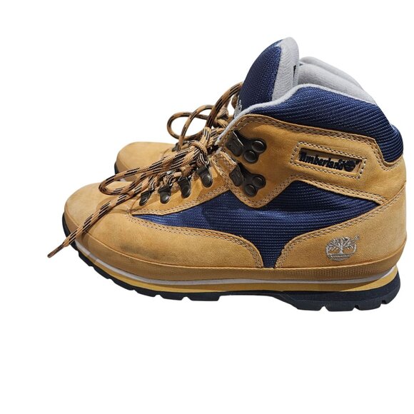 Timberland Mens 9M Tan & Blue Leather/Nylon Hiking Boots With Logo Embroidery & - Picture 8 of 11